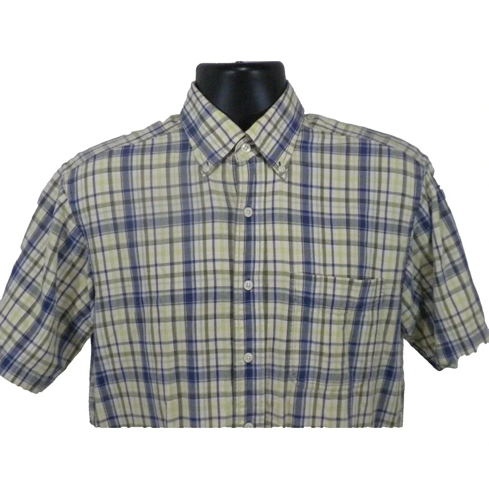 L.L. Bean‎ Shirt Mens S Green Blue Plaid Button Up Short Sleeve Camp Outdoor